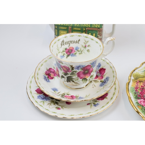 174 - Royal Albert Flower of the Month August trio, a Sadler teapot, a Royal Albert plate and a Wade teapo... 