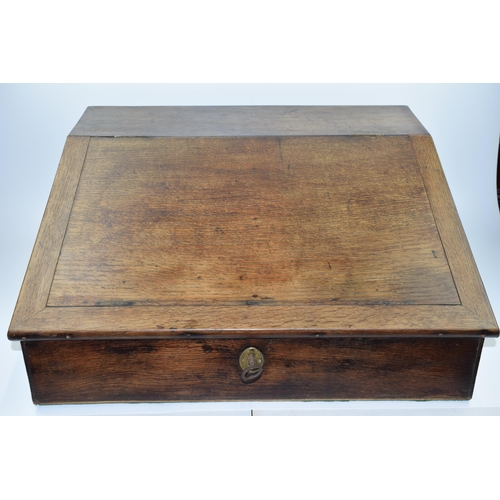 435 - 20th century oak writing slope / table top bureau with working lock, 61x57x25cm tall.