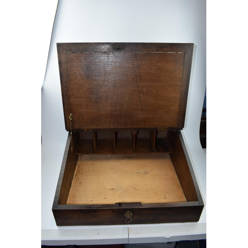 435 - 20th century oak writing slope / table top bureau with working lock, 61x57x25cm tall.