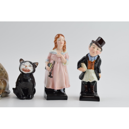 105 - Royal Doulton figures to include Lucky the cat, Dickens figures and an unmarked tiger (4).