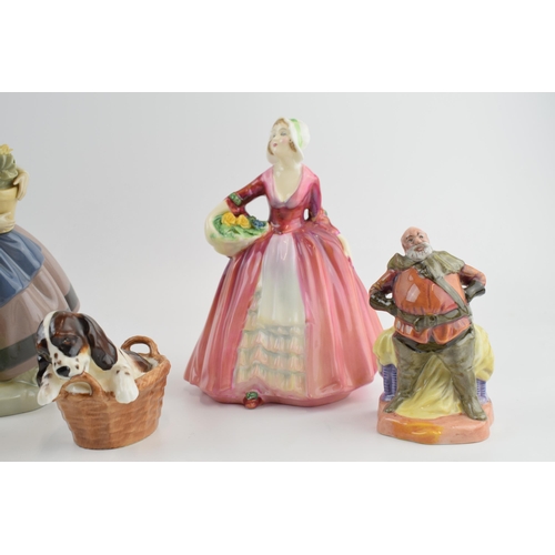 111 - Royal Doulton to include miniature Falstaff figure, Janet, a spaniel in a basket, Beswick puppies as... 