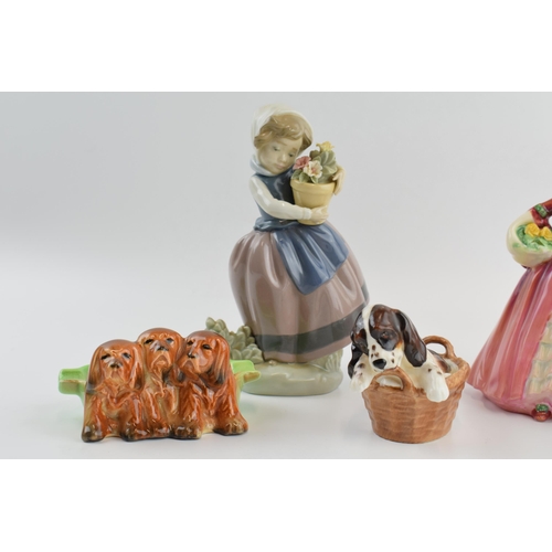 111 - Royal Doulton to include miniature Falstaff figure, Janet, a spaniel in a basket, Beswick puppies as... 