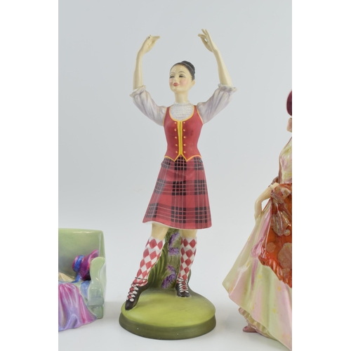 112 - Royal Doulton figures to include Scottish Highland Dancer, The Paisley Shawl, Sweet and Twenty with ... 