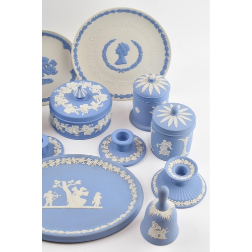 148 - Wedgwood Jasperware in varying colours such as teal, white and blue to include vases, trinkets, plat... 