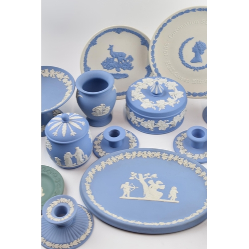 148 - Wedgwood Jasperware in varying colours such as teal, white and blue to include vases, trinkets, plat... 