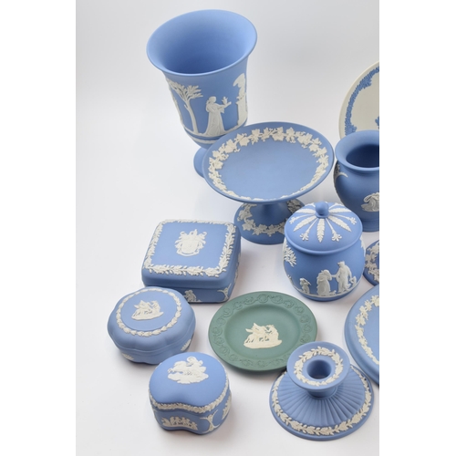 148 - Wedgwood Jasperware in varying colours such as teal, white and blue to include vases, trinkets, plat... 