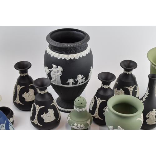 150 - Wedgwood Jasperware to include colours such as black, green and others to consist of a large vase, s... 