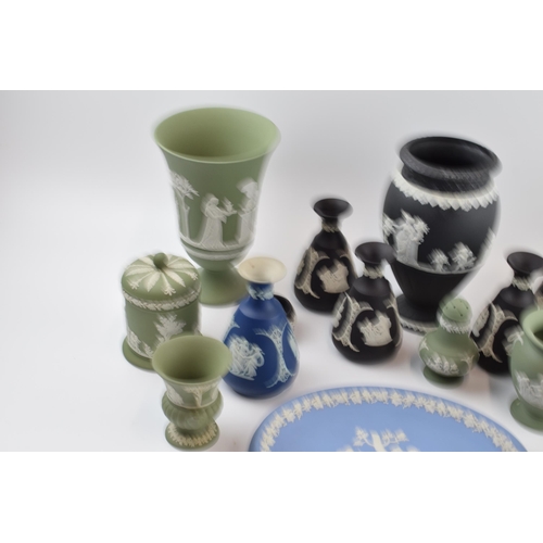 150 - Wedgwood Jasperware to include colours such as black, green and others to consist of a large vase, s... 