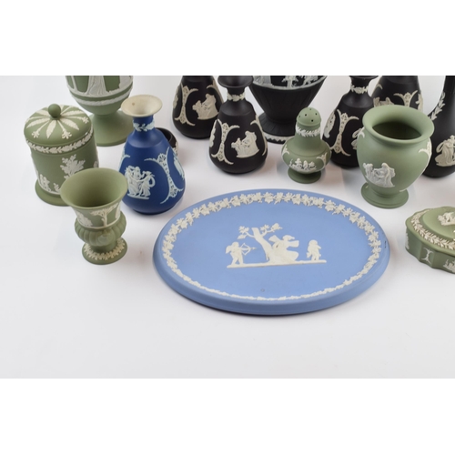 150 - Wedgwood Jasperware to include colours such as black, green and others to consist of a large vase, s... 