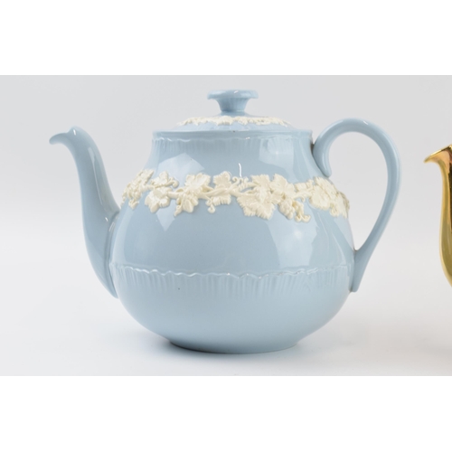 163 - Wedgwood Queensware white on blue teapot (slight af) together with a Everill and Smith fruit scene t... 