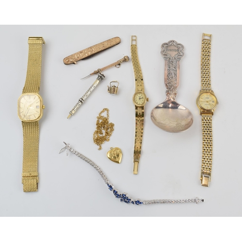 212 - Mixed items to include gold plated retractable toothpick, plated charm, fashion watches and a plated... 