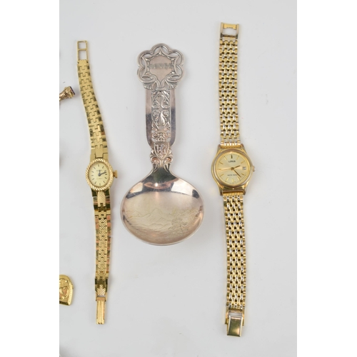 212 - Mixed items to include gold plated retractable toothpick, plated charm, fashion watches and a plated... 