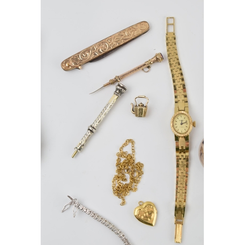 212 - Mixed items to include gold plated retractable toothpick, plated charm, fashion watches and a plated... 