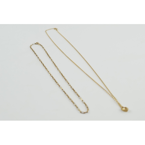 218 - A pair of 9ct gold chains, of differing styles, longest 63cm long, combined weight 7.2 grams.