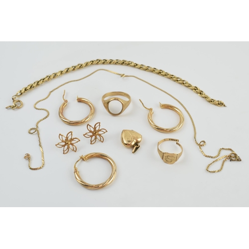 219 - 9ct gold to include 2 broken signet rings, a heart shaped locket, singular earrings, chains and othe... 