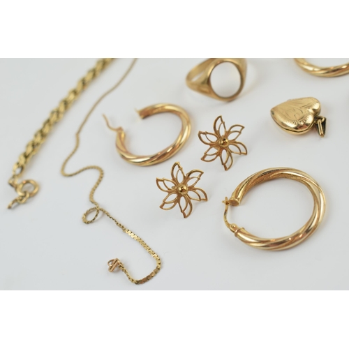 219 - 9ct gold to include 2 broken signet rings, a heart shaped locket, singular earrings, chains and othe... 