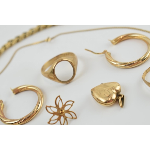 219 - 9ct gold to include 2 broken signet rings, a heart shaped locket, singular earrings, chains and othe... 