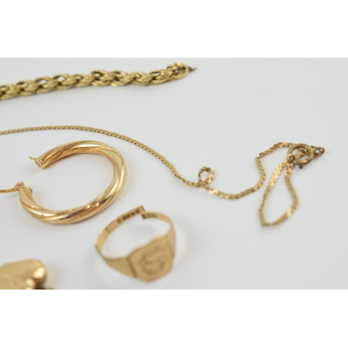 219 - 9ct gold to include 2 broken signet rings, a heart shaped locket, singular earrings, chains and othe... 