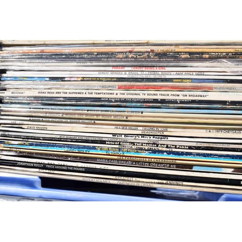 321 - Two boxes of records of varying genres to include Rod Stewart, the Kinks, Bad Company, Barbra Streis... 