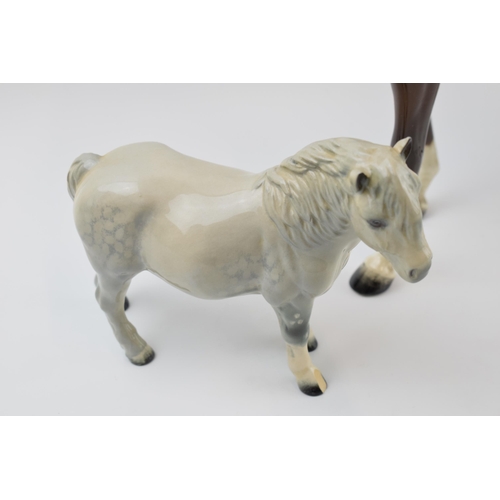 76 - Beswick to include large brown racehorse, Dales pony Maisie, Mare Facing Left and grey Shetland (4) ... 