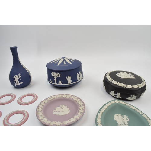 157 - Wedgwood Jasperware. A good selection of colours including mint green, teal, black, cobalt, and pink... 