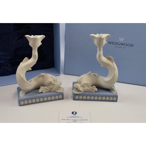 159 - Boxed Wedgwood Jasperware Dolphin Candlesticks 2000, limited edition number 059, with certificate.