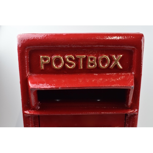 366 - Reproduction red cast iron post box with keys, with mounting holes, 44cm tall.