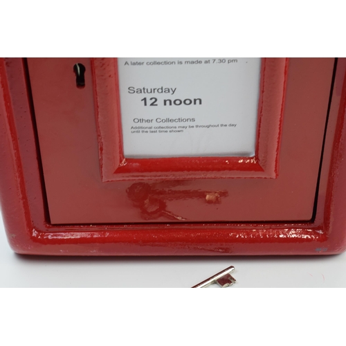 366 - Reproduction red cast iron post box with keys, with mounting holes, 44cm tall.