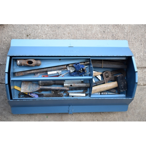 377 - Vintage metal blue Talco tool box with mixture of tools and contents.