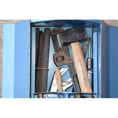 377 - Vintage metal blue Talco tool box with mixture of tools and contents.