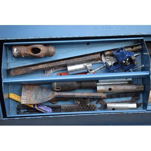 377 - Vintage metal blue Talco tool box with mixture of tools and contents.