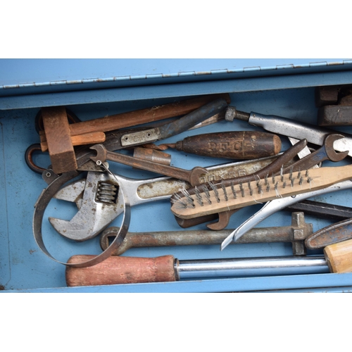 377 - Vintage metal blue Talco tool box with mixture of tools and contents.