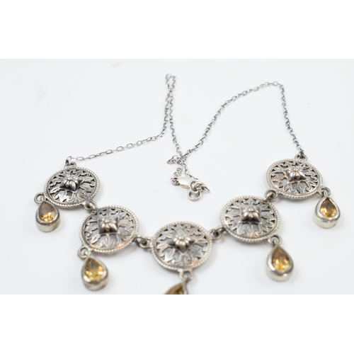 220N - Silver citrine necklace with panels and drop on silver chain.