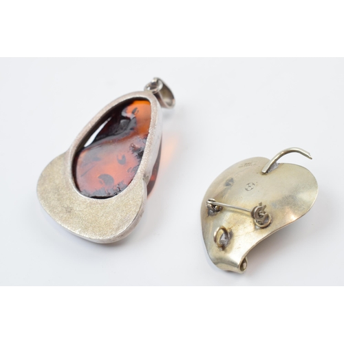 220S - Sterling silver and amber style large pendant with a sterling silver leaf stone set brooch (2).