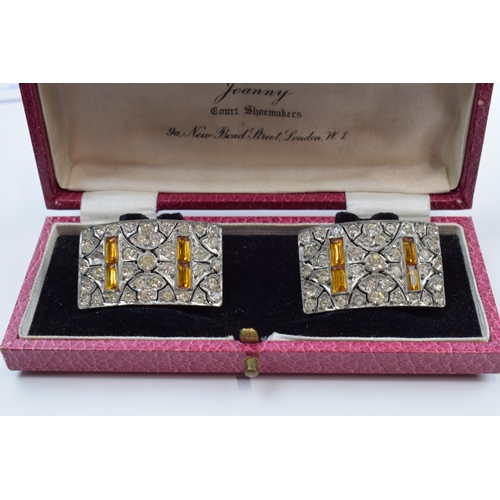 220T - Cased pair of French paste set shoe buckles in original box, marked 'Joanny' Court Shoemakers.