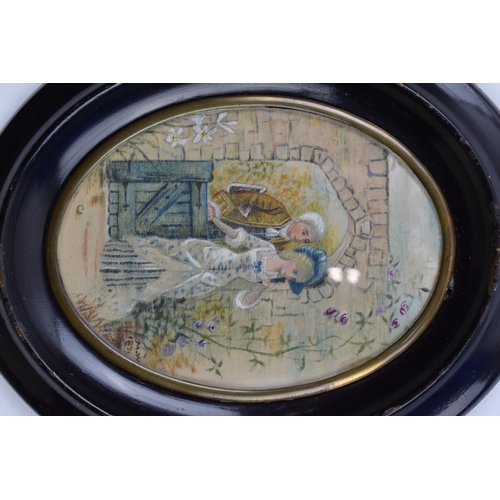 231R - Painting on silk in oval ebonised frame, indistinctly signed 1871, 18cm tall.