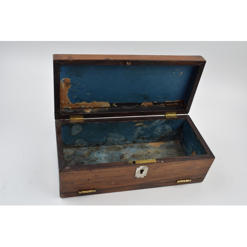 231X - Vintage wooden glove box with inlaid Mother of Pearl decoration and escutcheon, 25x11x9cm tall.