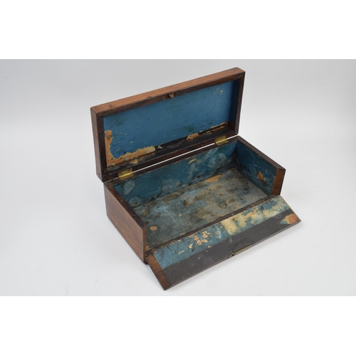 231X - Vintage wooden glove box with inlaid Mother of Pearl decoration and escutcheon, 25x11x9cm tall.