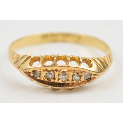 18ct gold diamond boat ring, set with 5 diamonds, 2.6 grams, size Q.