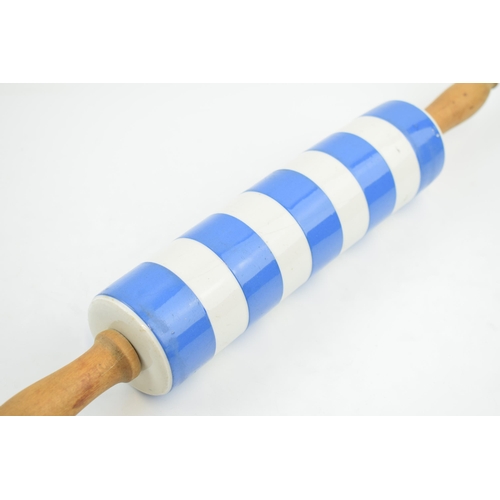 33 - T.G. Green Cornish Ware rolling pin with turned wooden handles, 45cm long.