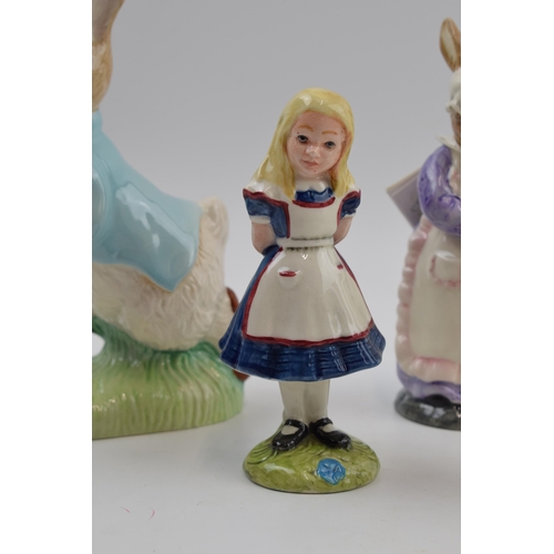 71 - Beswick to include Alice (af), large Peter Rabbit, Mrs Rabbit Cooking, Gardener Rabbit (chip to base... 