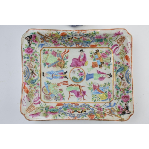 8 - A 19th century Cantonese Famille Rose enamelled rectangular dish (antique staple repairs) with a lat... 