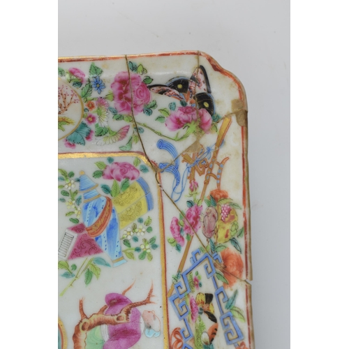 8 - A 19th century Cantonese Famille Rose enamelled rectangular dish (antique staple repairs) with a lat... 