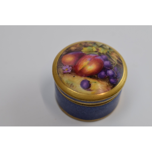 87 - Miniature Royal Worcester painted fruit scene ceramic pill box, 2781, signed 'W. Bee', 3cm diameter.