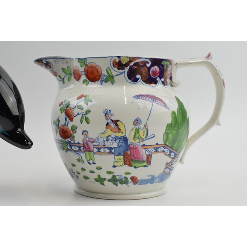 89 - 19th century Pearlware style jug (damaged) with traditional scenes with a Poole pottery dolphin and ... 