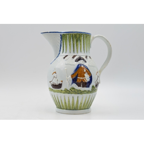 Pratt Ware Lord Jarvis jug, circa 1790s, moulded with portraits flanked either side by a tall ship, titled 'Lord Garvis' in relief, 20cm tall.