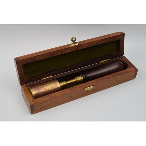 382 - Good quality rosewood handled brass shafted chamber brush with copper contained in fitted baize line... 