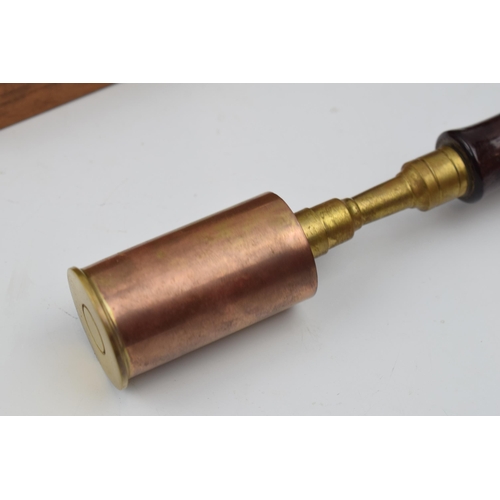 382 - Good quality rosewood handled brass shafted chamber brush with copper contained in fitted baize line... 