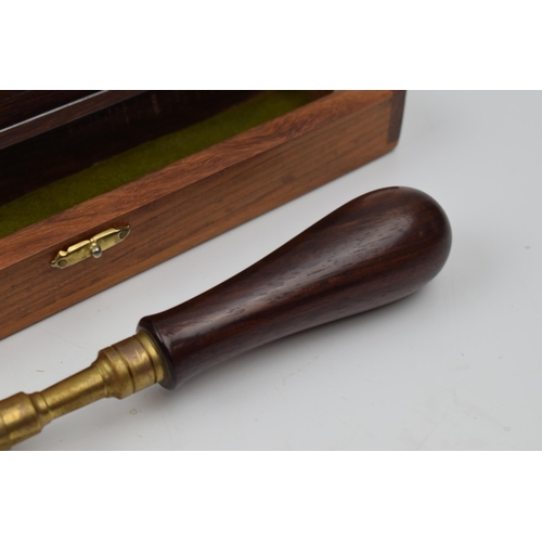 382 - Good quality rosewood handled brass shafted chamber brush with copper contained in fitted baize line... 