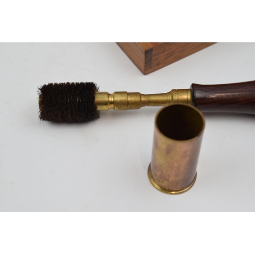 382 - Good quality rosewood handled brass shafted chamber brush with copper contained in fitted baize line... 